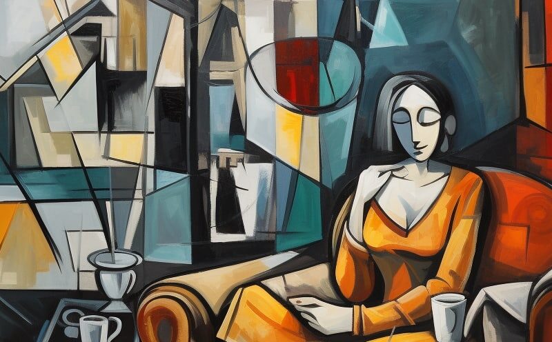 Abstract representation of Adderall detox, with a woman reclining on a couch surrounded by geometric patterns, symbolizing the journey to recovery.