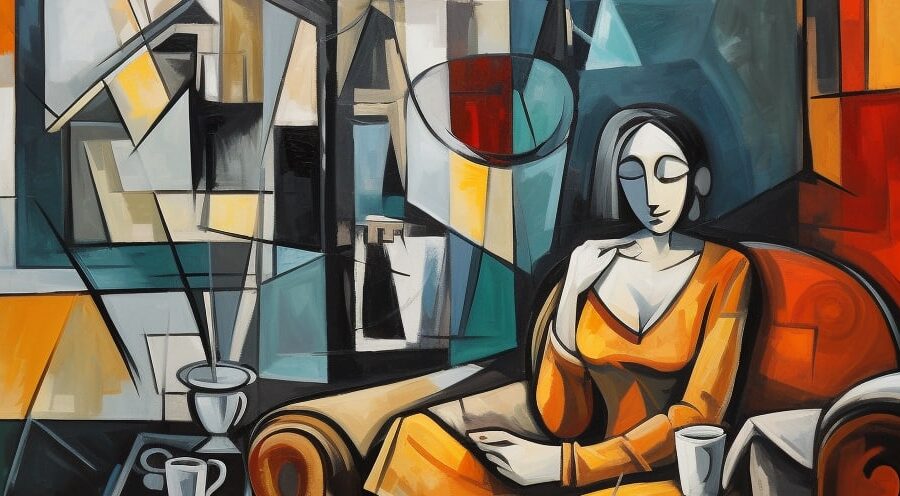 Abstract representation of Adderall detox, with a woman reclining on a couch surrounded by geometric patterns, symbolizing the journey to recovery.