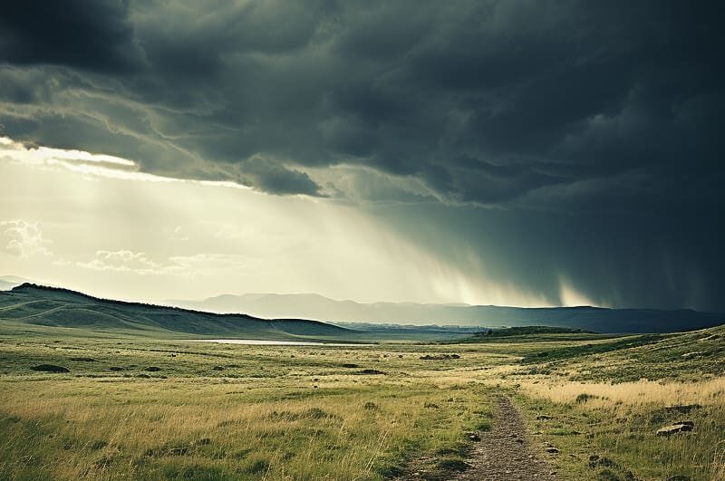 Country road leading towards a storm, symbolizing the journey through precipitated withdrawals, with the hopeful sun shining from behind, indicating recovery and brighter days ahead.