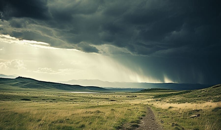 Country road leading towards a storm, symbolizing the journey through precipitated withdrawals, with the hopeful sun shining from behind, indicating recovery and brighter days ahead.