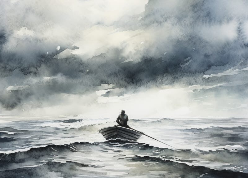 Man sailing alone on a turbulent sea, symbolizing the challenges of quitting alcohol cold turkey.