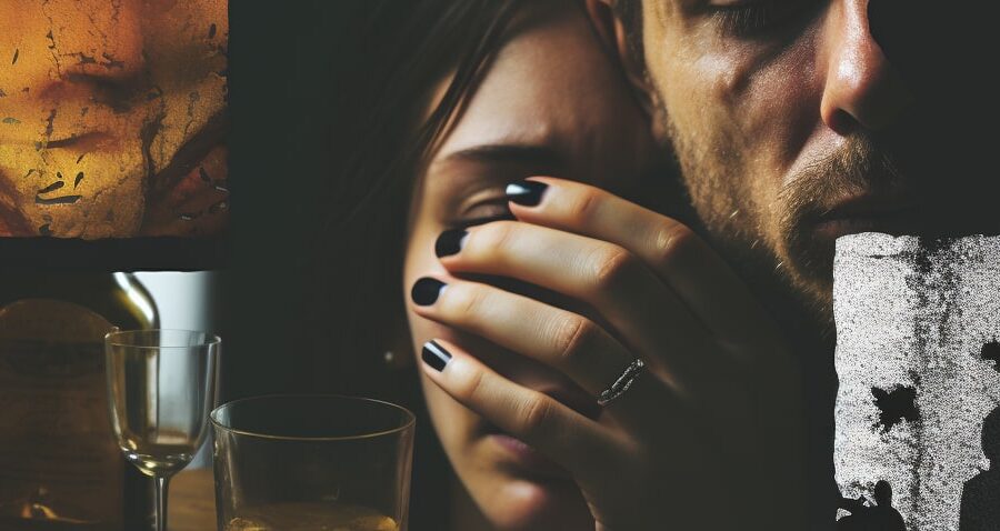 A collage showing the physical symptoms of alcohol withdrawals, including a close-up of trembling hands, a person visibly sweating, and another clutching their head in pain, highlighting the range of bodily effects experienced during withdrawal.