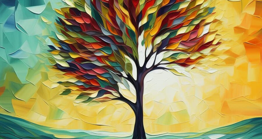 An illustration depicting a tree with multicolored leaves, symbolizing growth and diversity in the journey of quitting alcohol. In the background, a serene sunrise represents new beginnings and hope, aligning with the theme Stop Craving Alcohol