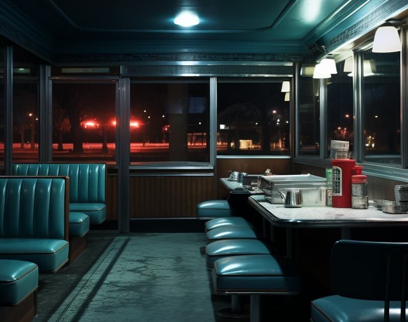 A stark, empty diner with no customers, representing the Lonely and hungry components of the HALT principle in addiction recovery.