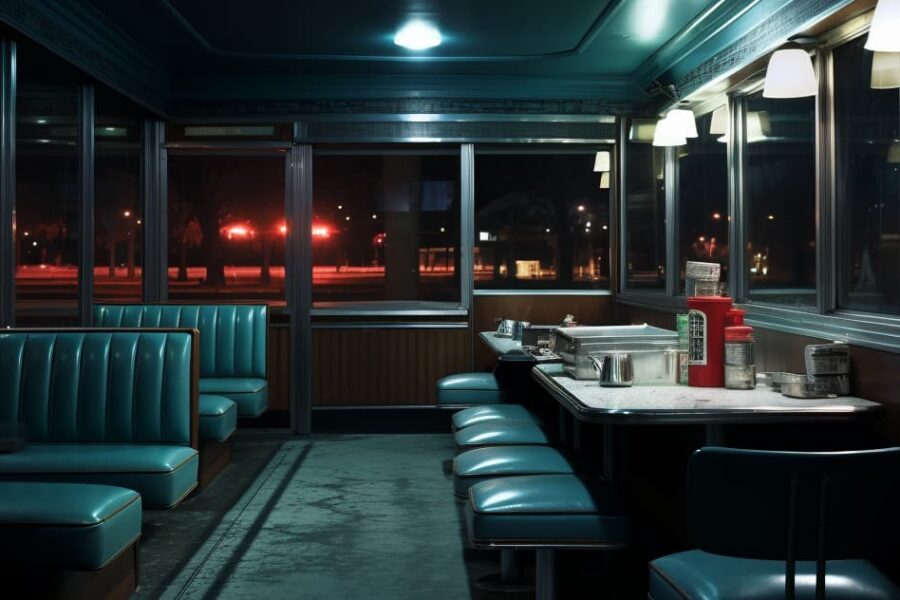 A stark, empty diner with no customers, representing the Lonely and hungry components of the HALT principle in addiction recovery.