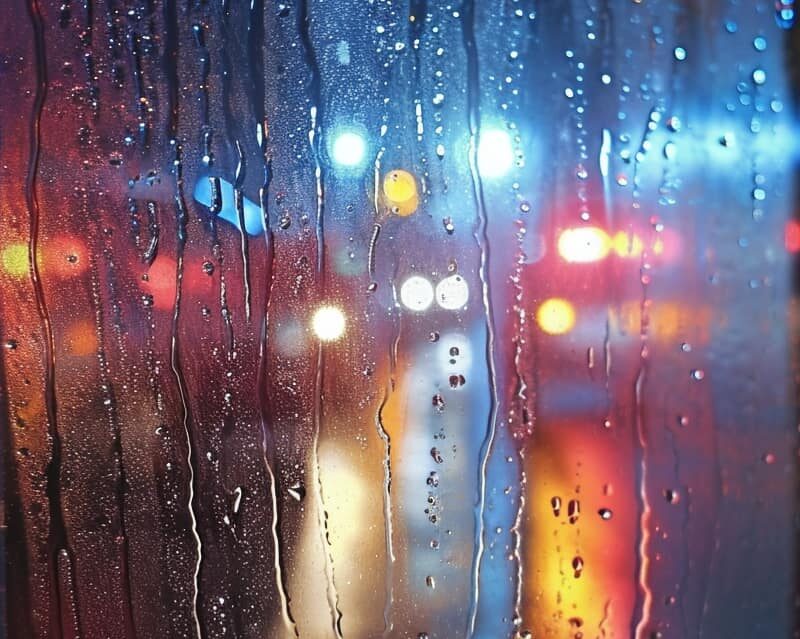 Raindrops streaming down a window, obscuring the view of police lights outside, symbolizing the external crises often associated with fentanyl detox.