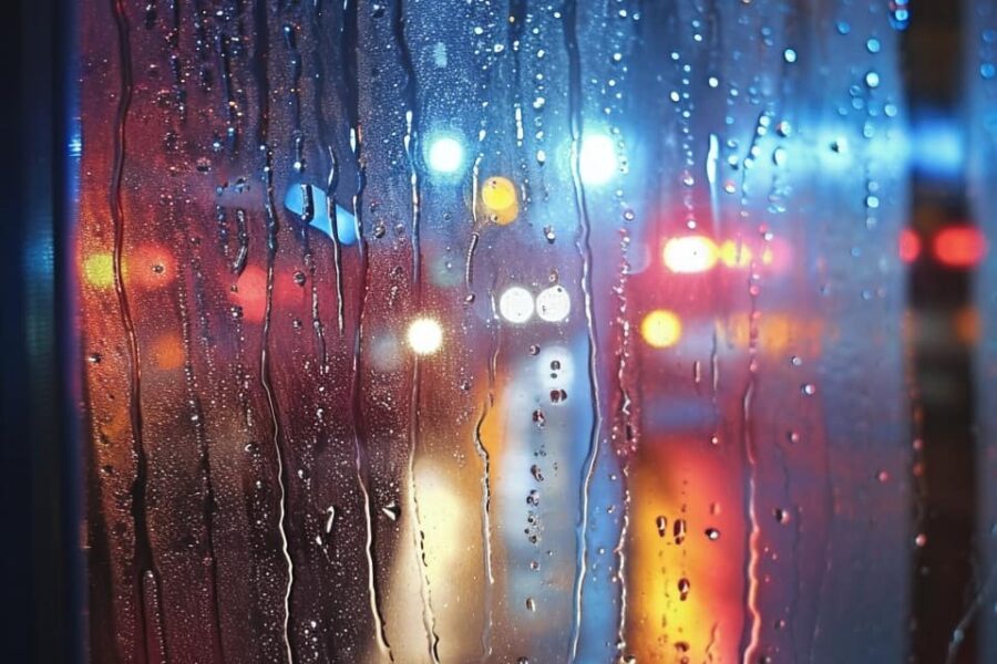 Raindrops streaming down a window, obscuring the view of police lights outside, symbolizing the external crises often associated with fentanyl detox.