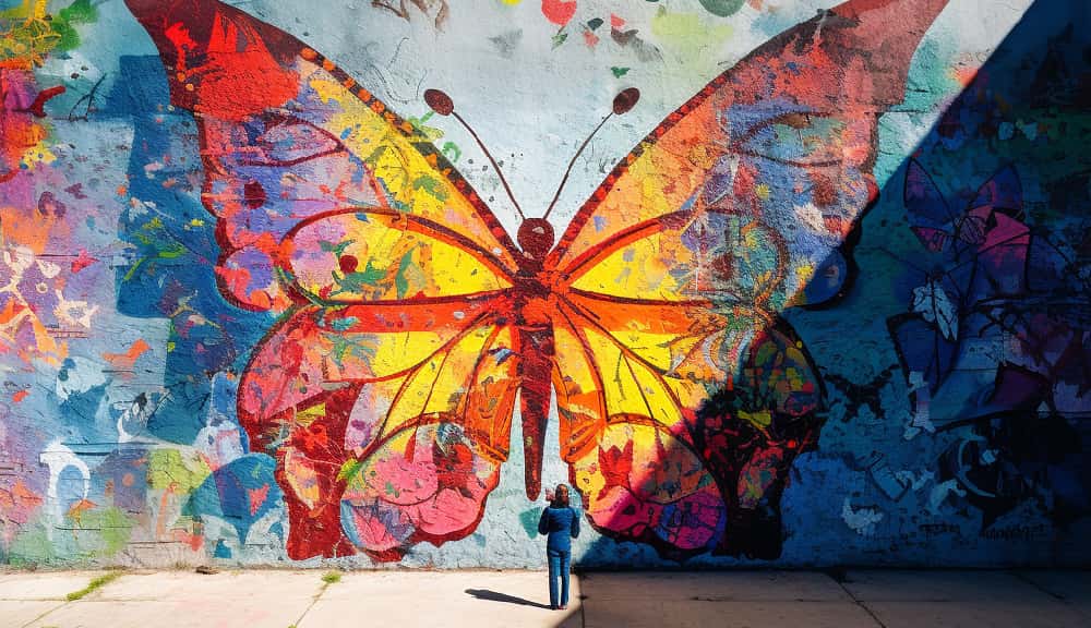 Woman sees butterfly mural showing potential transformation from a fentanyl detox program.