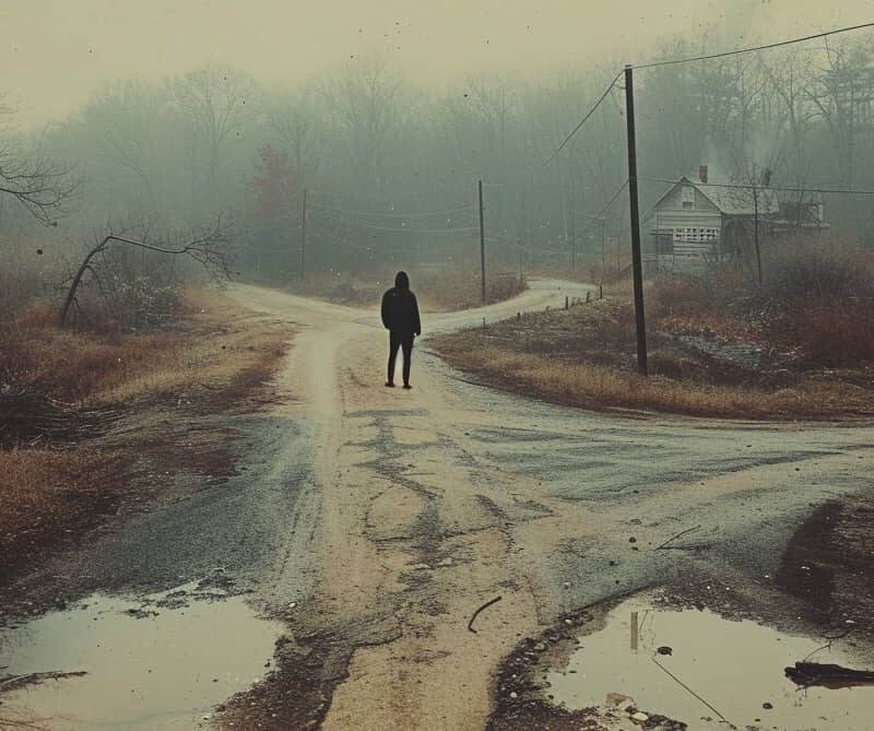 2. A solitary man walks on a road that forks into two muddy paths, symbolizing the critical decision point faced by individuals regarding the dangers of mixing fentanyl with cocaine.