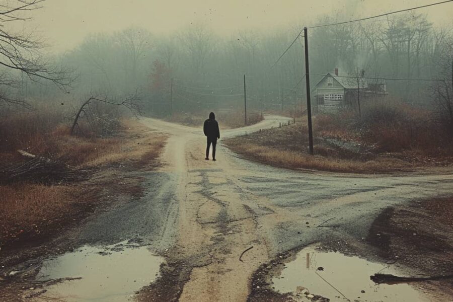 2. A solitary man walks on a road that forks into two muddy paths, symbolizing the critical decision point faced by individuals regarding the dangers of mixing fentanyl with cocaine.