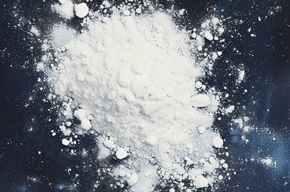 1. White powder scattered on a vibrant blue background, visually representing the dangers of mixing fentanyl with cocaine, highlighting the lethal blend.