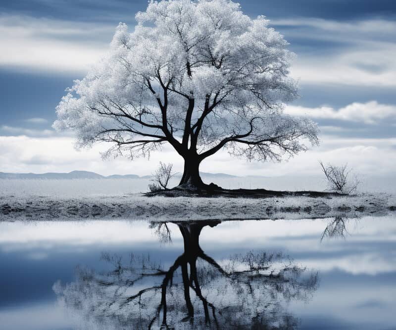 1. A serene image of a solitary tree standing by the edge of a tranquil lake, symbolizing calm and stability, reflecting the journey of medicated detox towards peace and recovery.