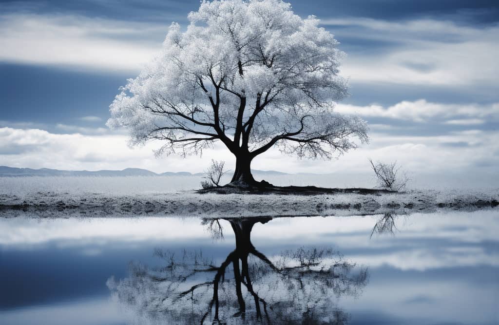 1. A serene image of a solitary tree standing by the edge of a tranquil lake, symbolizing calm and stability, reflecting the journey of medicated detox towards peace and recovery.